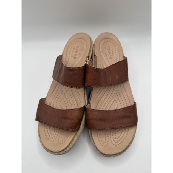 Crocs A-Leigh Wedge Brown Leather Sandals Dual Comfort Straps Womens US Size 7 - Picture 5 of 9